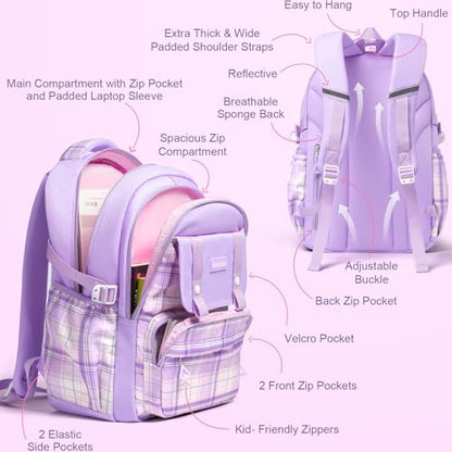 Fimibuke Kids Backpack for Girls, 3 PCS School Backpack with Lunch Box Set - color: C2.purple Plaid