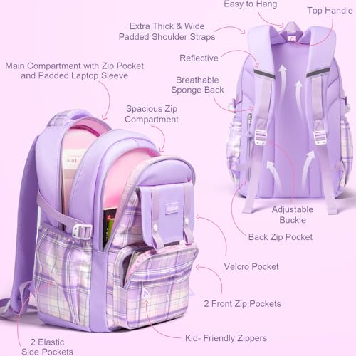 Fimibuke Kids Backpack for Girls, 3 PCS School Backpack with Lunch Box Set - color: C2.purple Plaid