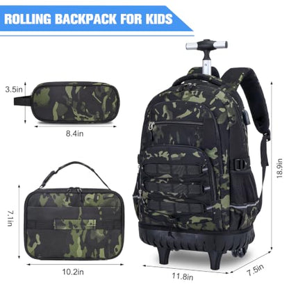 ACESAK 3PCS Camo Rolling Backpack for Boys with Lunch Box Pencil Case - color: Camo Black