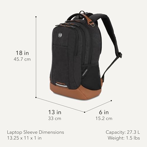 SwissGear Cecil Laptop Backpack, Fits Most 16-Inch Laptops, Three-Compartment Design, Airflow Back Panel, Black, 27.3L, 18-Inch - color: Black Canvas/Brown