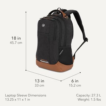 SwissGear Cecil Laptop Backpack, Fits Most 16-Inch Laptops, Three-Compartment Design, Airflow Back Panel, Black, 27.3L, 18-Inch - color: Black Canvas/Brown
