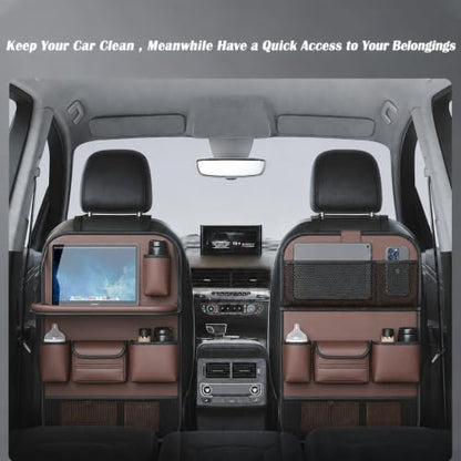2 Pack Leather Car Backseat Organizer with Foldable Table Tray, Universal Car Seat Back Protector Kick Mat with Touchscreen Tablet Holder, Storage Pockets, Cup Holders & Tissue Holder, Brown - color: Brown