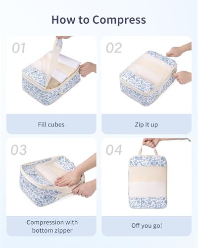 Narwey Compression Packing Cubes for Travel, Cute Luggage Organizer Bags - color: ZZZ-Little Blue Flower