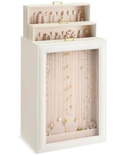 Huquary 3 Layer Vertical Necklace Organizer Box 12.6" x 7.9" x 5", Beige - color: Beige