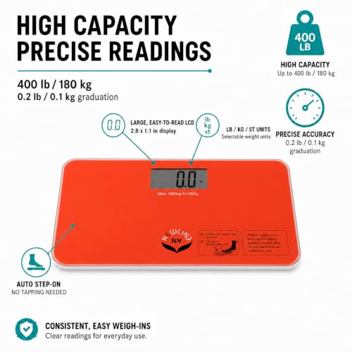 700 Series Travel Digital Bathroom Scale, 400 lb, Red-Orange - color: Red-Orange