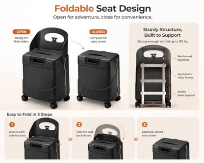 20 Inch Ride On Luggage for Kids, Carry On Suitcase with Foldable Child Seat, Hard Shell Travel Luggage with 360° Spinner Wheels & TSA Lock for Family Airplane Trips - color: Black