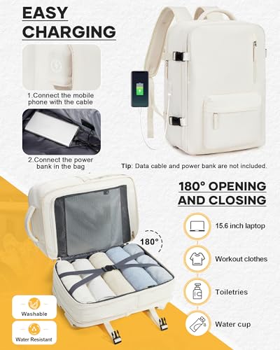 coofay Vacuum Backpack with Pump, Expandable Carry On Travel Backpack | 15.6" Laptop Compartment, Vacuum Compression System, Water-Resistant, Shoe Compartment & USB Charging Port, Beige - color: Beige, size: Extended-with Pump