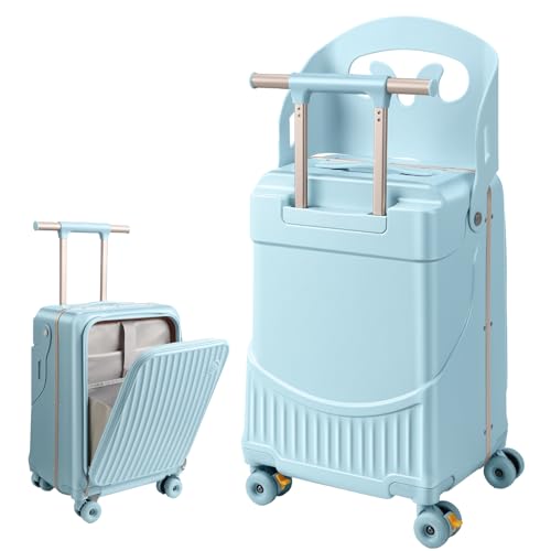 Ride On Luggage for Kids with Foldable Seat & Backrest, 20 Inch Carry On Suitcase for Toddlers, Hardshell Travel Trolley with Front Opening & Spinner Wheels, TSA Lock, Blue - color: Blue