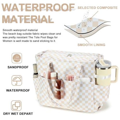 Bluboon Waterproof Beach Tote Pool Bags for Women Ladies Extra Large Carry On Bag With Wet Compartment for Weekender Travel - color: Light Brown Checkered