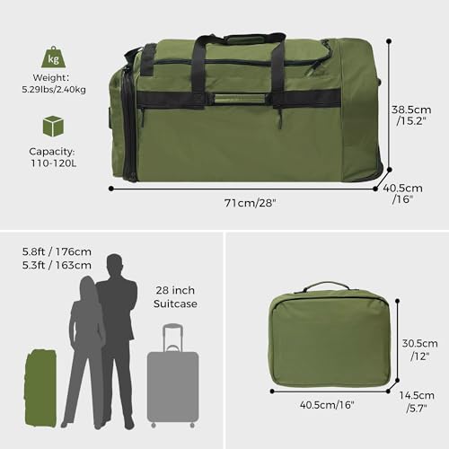 Rolling Duffel Bag with 3 Wheels, 28 Inch 110L Waterproof, Green - color: Green