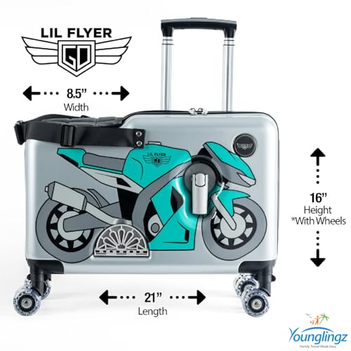 Younglingz LIL FLYER GO Version 2 Ride On Suitcase for Kids | Carry On Luggage with Toddler Seat, Foldable Handlebars, Pedals, and Removable Wheels | Holds up to 80 lbs | Green Motorcycle | Ages 2-6 - color: Green Motorcycle V2