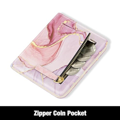 Rouidr Womens Wallet, RFID Small Slim Wallet for Women, Cute Bifold Leather Pocket Credit Card Holder Ladies Mini Purse with Zipper Coin Pocket & ID Window, Pink Marble - color: Pink Marble