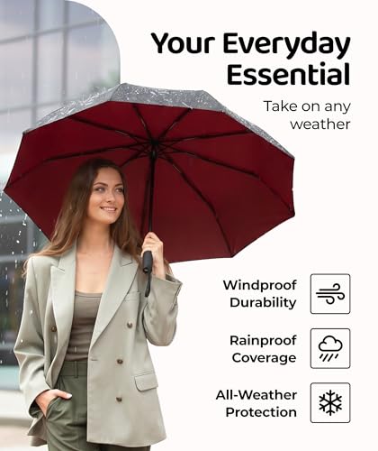 Windproof Travel Umbrella - Compact & Withstands Winds up to 100MPH, Strongest Premium Auto Folding Umbrella for Rain and Sun - Durable, Light & Portable for Women & Men, Fits Backpack & Cars - color: Black + Red 1-Pack