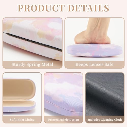 WOZEAH Eyeglasses Case Hard Shell, Protective Glasses Case for Women Men, Portable Eyeglass Holder Box with Cleaning Cloth - color: Pink Clouds
