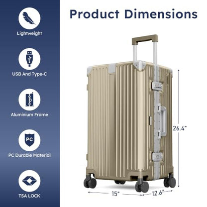 ALPHA CAMP Trunk Luggage 24 Inch with Aluminum Frame Zipperless Suitcase - color: Gold, size: 24 Inch