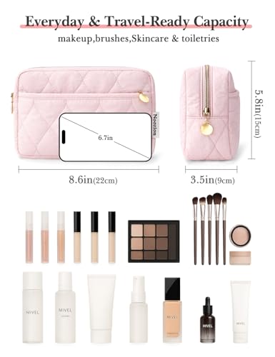 Noozion Makeup Bag Travel Toiletry Bag, Puffy Padded Cosmetic Bag for Women, Makeup Organizer Case, Wide-open Pouch Purse, Travel Essentials - color: Darkpink
