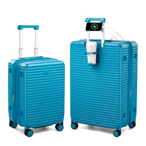 HanTrip 20"/28" Expandable Hard Case Luggage Sets 2 Piece, Caribbean Blue - color: Caribbean Blue, size: Expandable 2-Piece Set(20/28)