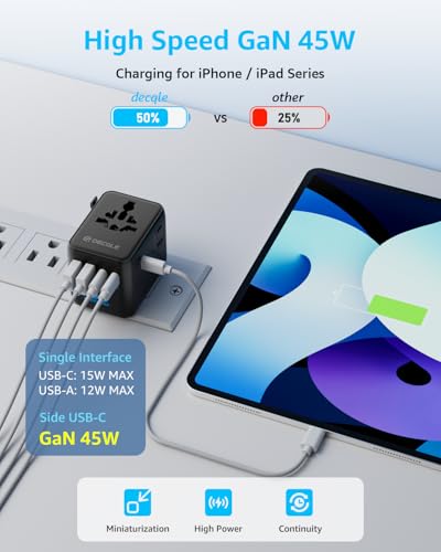 “Pro” Universal Travel Adapter 3 USB-C＆ 2 USB-A Cover 200+ Countries - color: Black, size: GaN 45W
