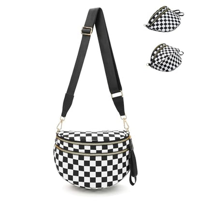 WITERY Checkered Crossbody Bag for Women Nylon Bum Bag with Wide Adjustable Strap Fanny Pack Checkerboard Shoulder Handbag - color: Black Checkered