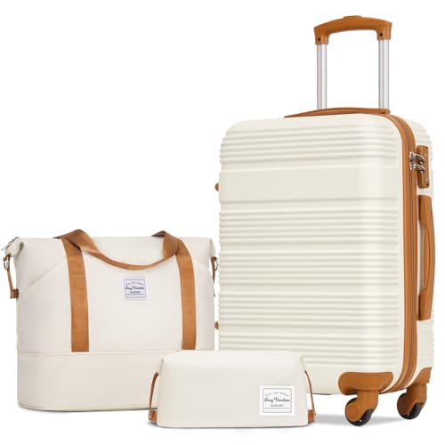 LONG VACATION Luggage Sets with Spinner Wheels, Carry on Suitcase 3 Piece - color: WHITE-BROWN, size: 3 piece set(DB)
