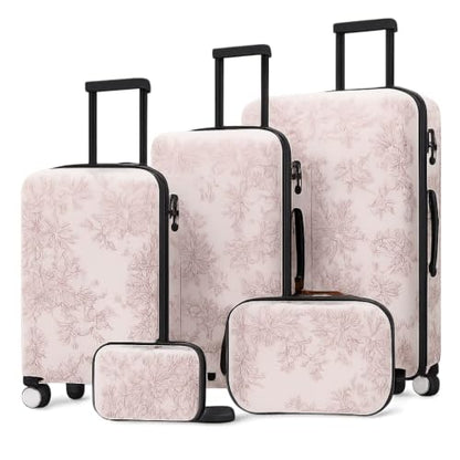 5-Piece Hardside Lightweight Impact-Resistant Luggage Set with 20/24/28 Inch Suitcases, 8/14 Inch Carry Cases, Combination Lock, Smooth Spinner Wheels for All Travel Needs - color: Pink Flower