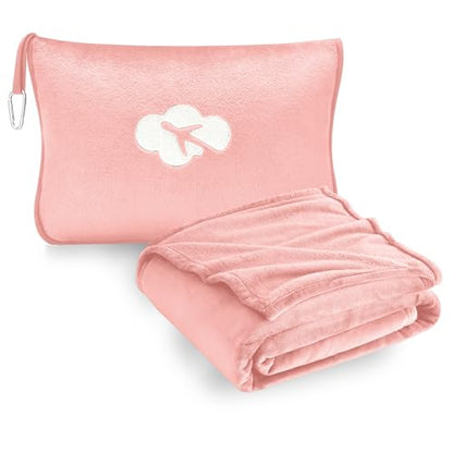 Travel Blanket and Pillow Compact, Premium Soft 2 in 1 Airplane Blanket with Soft Bag Pillowcase，Hand Luggage Sleeve and Backpack Clip (Solid Pink) - color: Pink