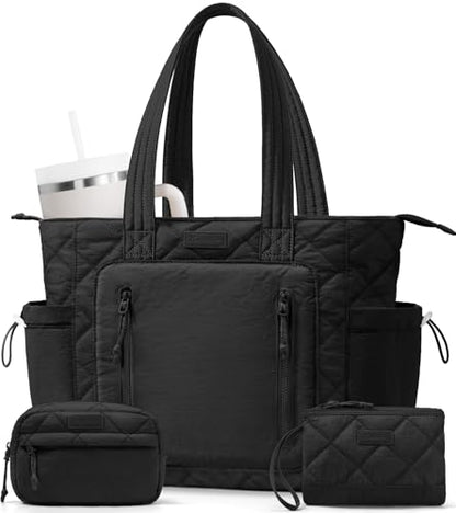 Bagstellar Puffer Tote Bag for Women, Lightweight Puffy Work Laptop Handbag - color: Black