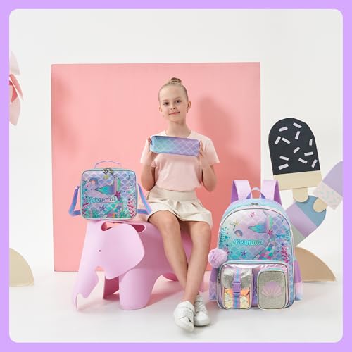 Meetbelify Backpacks for Girls School Backpacks with Lunch Box Pencil Case for Elementary Students Ages 8-10 - color: Purple 01