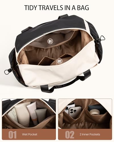 LOVEVOOK Travel Duffel Bag, Weekender Bags for Women, Large Overnight Bags with Shoe Compartment, 38L Carry on Gym Hospital Bag with Wet Pocket, 2 Pcs - color: Beige-Gray-Black, size: Large-2 Pcs