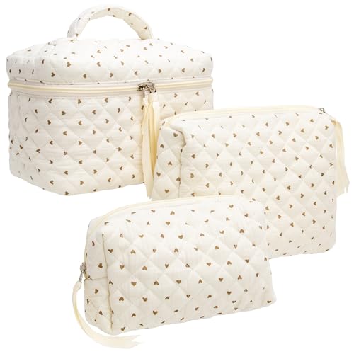 3 Piece Quilted Makeup Bag Set for Women,Cosmetic&Toiletry Bag,Gauze Heart | Cute Zipper Makeup Organizer for Cosmetics, Toiletries,Skincare, Makeup Brushes, Beauty Essentials, Travel Accessories&Gifts - color: Gauze Heart