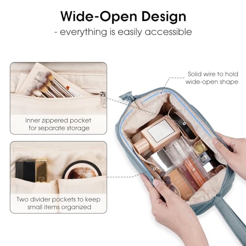 Narwey Travel Makeup Bag Toiletry Bag, Wide Open Cosmetic Bag for Women - color: A-Greyish Blue, size: Small