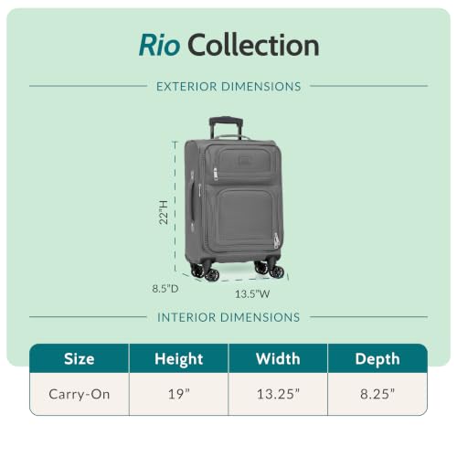 U.S. Traveler Rio Lightweight Softside Rolling Carry-on Suitcase, 4-Wheel Single, Light Gray - color: Light Gray, size: 22"