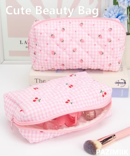 PAZIMIIK Small Quilted Makeup Bag,Zipper Cosmetic Pouch,Gingham Pink Cherry - color: Gingham Pink Cherry