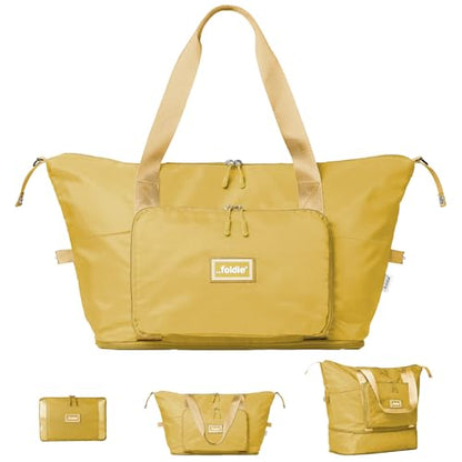 The Foldie Foldable Travel Bag for Women - 40L Weekender Bag with Multiple Pockets - Carry On Expendable Travel Bag - color: Yellow