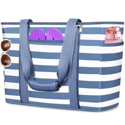 Extra Large Beach Bags for Women Waterproof Sandproof Beach Tote Bag - color: Gray Blue and White