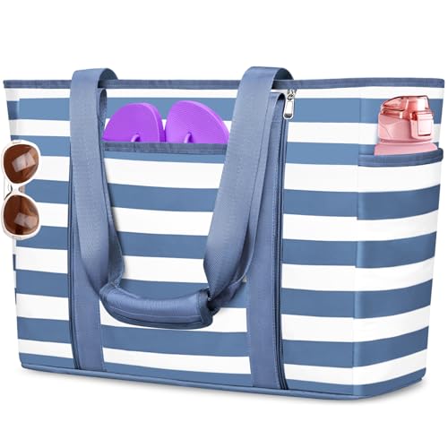 Extra Large Beach Bags for Women Waterproof Sandproof Beach Tote Bag - color: Gray Blue and White
