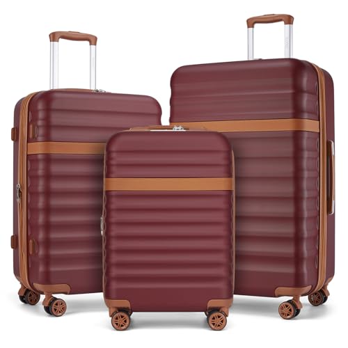 Kono 3-Piece Luggage Set 20/24/28in Expandable Hardside TSA Lock Burgundy - color: Burgundy, size: 3-piece set (20/24/28)