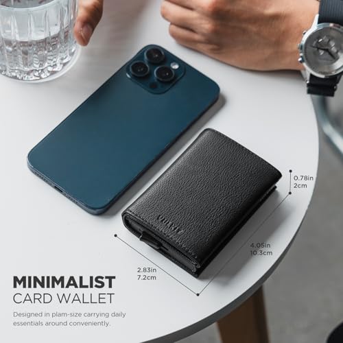 VULKIT Pop up Card Wallet Minimalist Cash Wallets RFID Blocking Leather Smart Credit Card Holder with ID window for Men - color: Top-Grain Cowhide Litchi Black