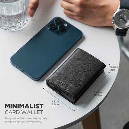 VULKIT Pop up Card Wallet Minimalist Cash Wallets RFID Blocking Leather Smart Credit Card Holder with ID window for Men - color: Top-Grain Cowhide Litchi Black