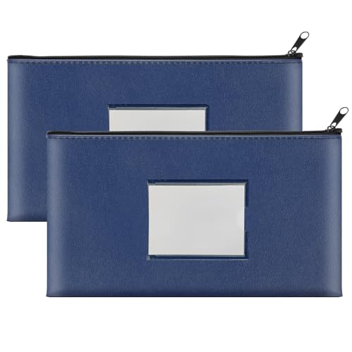 2 Pack PU Leather Bank Money Bags with Zipper & Label, Navy Blue - color: Navy Blue