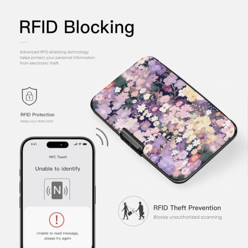 Credit Card Holder RFID Aluminum card case Floral 2 mini Wallet Women Men - color: Purple Floral