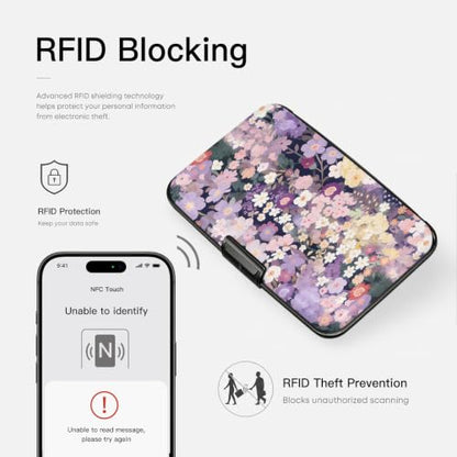 Credit Card Holder RFID Aluminum card case Floral 2 mini Wallet Women Men - color: Purple Floral