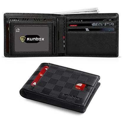 RUNBOX Wallet for Men, Slim Leather Bifold, RFID Blocking Card Holder - color: carbon black& plaid