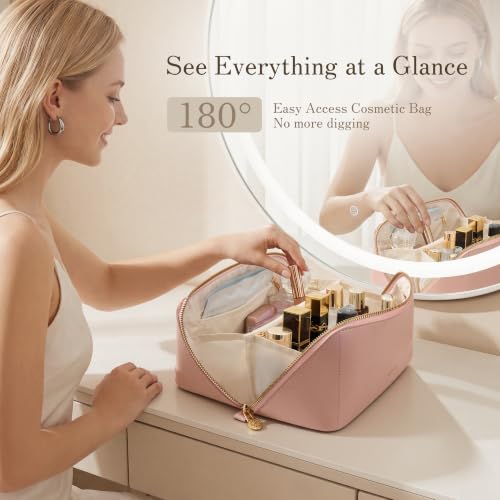 SHOWKOO Cosmetic Bag for Women, WideOpen Travel Makeup Bag with Compartment - color: Pink