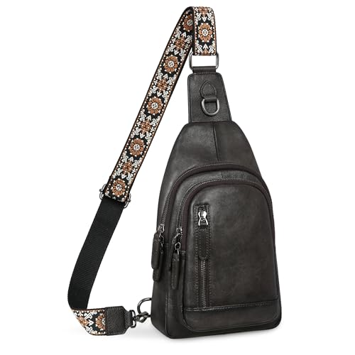 HESHE Leather Sling Bag for Women RFID Crossbody Purse Fanny Pack Chest Bag - color: Grey