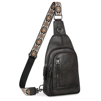 HESHE Leather Sling Bag for Women RFID Crossbody Purse Fanny Pack Chest Bag - color: Grey
