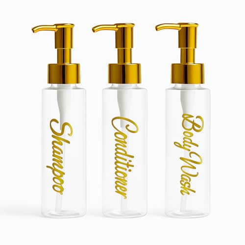 Shampoo and Conditioner Dispenser - Essentials Toiletry Bottles - Shower Refillable Shampoo and Body Wash Soap Pump Bottle – 3x 3oz TSA-approved Travel Size Containers - Clear All Gold 2 Round - color: Clear All Gold 2 Round, size: Small