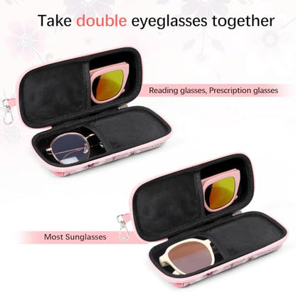 Double Eyeglasses Case for Dual Sunglasses, Hard Shell with Zipper - color: Pink Flower