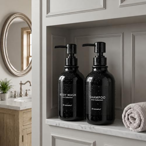 Black Shampoo and Conditioner Dispenser Set of 3, Black Smooth Pump - color: Glossy Black