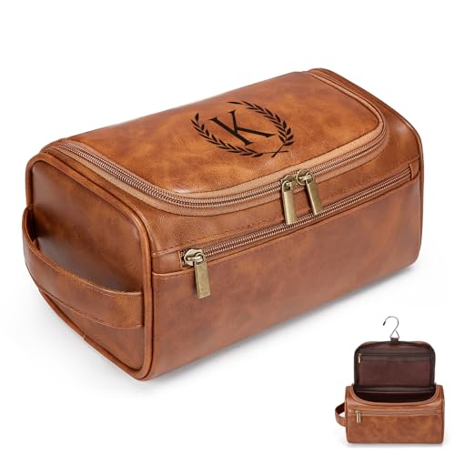 Travel Toiletry Bag Hanging For Mens PU Leather - Yellow Brown (Initial K) - color: Yellow Brown, style: K